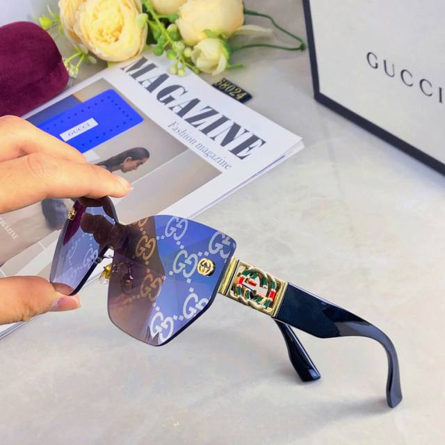 Gucc*无边框连体太阳眼镜小红书Ins风女一体猫眼炫彩墨镜
