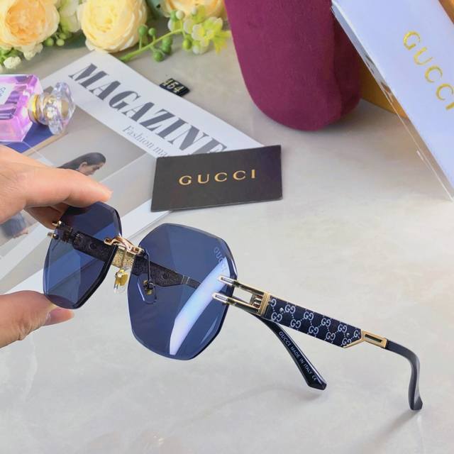 Gucc*韩版时尚墨镜高级感街拍百搭眼镜新款无框弧形切边太阳镜