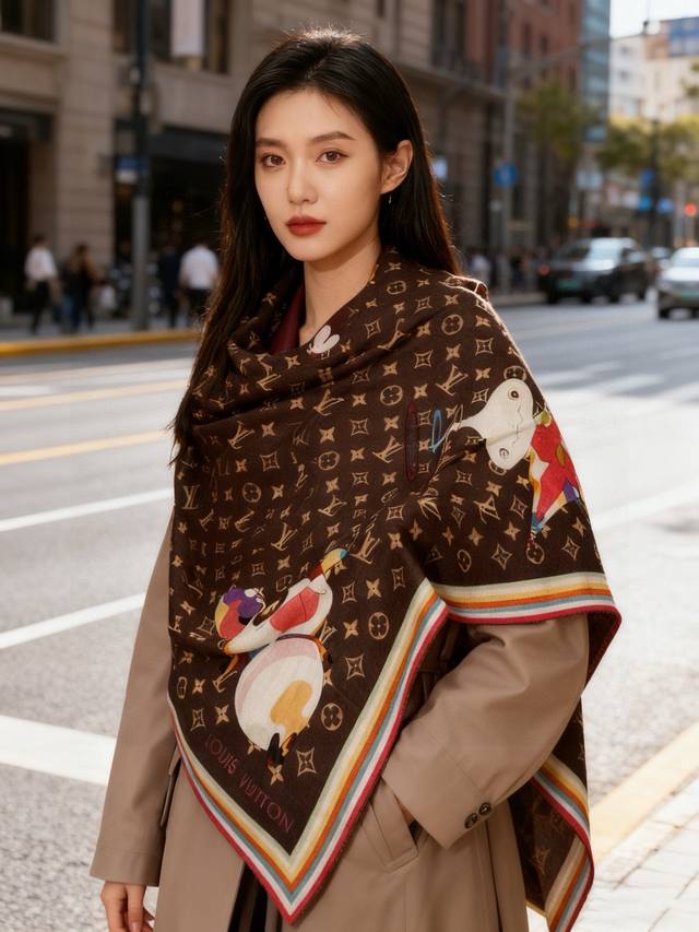 特 Lv X Tm Superflat 140丝绒方巾 140真丝羊绒双面同色披肩 Lv X Tm Monogram Superflat Characters