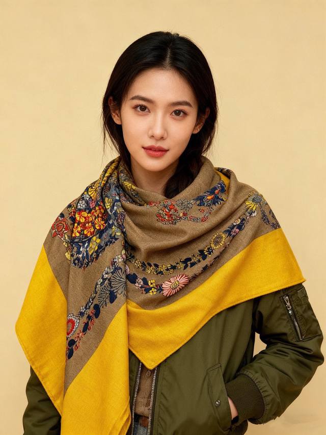 华丽的缰辔花卉版”140丝绒方巾 140顶级丝绒双面同色披肩 手工卷边丝绒方巾 30%真丝70%羊绒 这款丝绒的经典单品展现强大而迷人的女性魅力精髓。此140丝