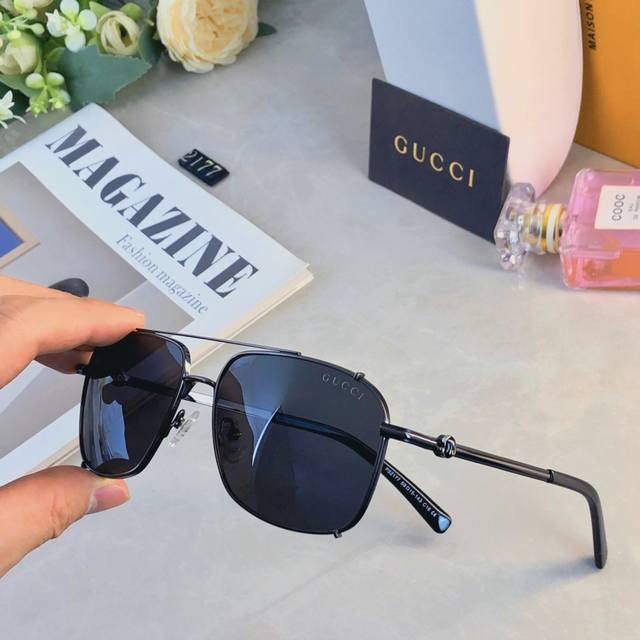 Gucc*高级偏光渐变墨镜男女新潮超轻金属双梁框开车太阳镜