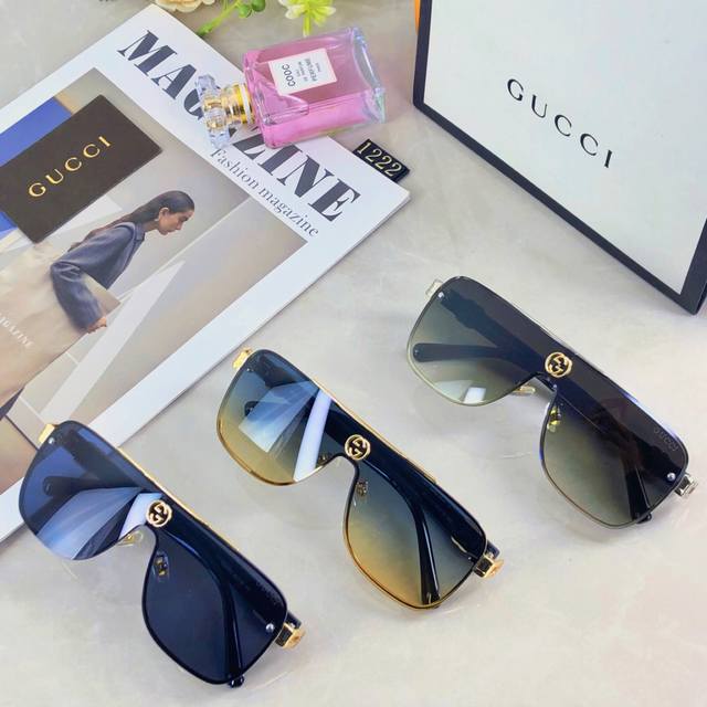 Gucc*欧美新款一体式墨镜时尚大框太阳镜连体全框风镜