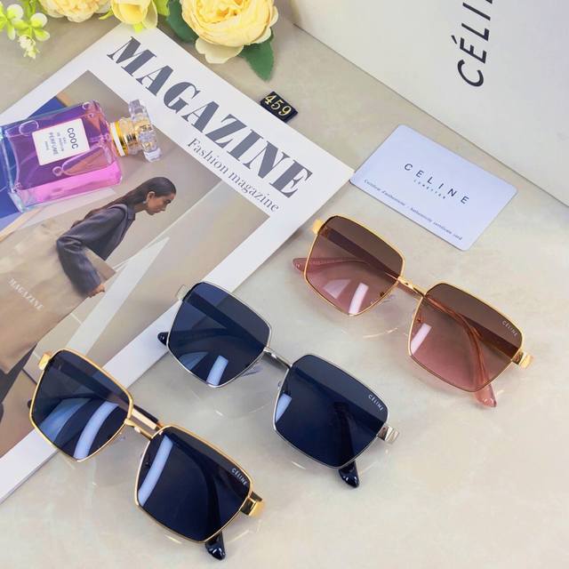 Celin*方形复古金属欧美太阳眼镜新款防紫外线街拍遮阳墨镜方圆脸太阳镜