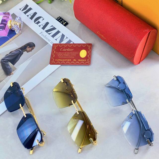 Cartie*欧美复古无框切边墨镜潮高级感圆脸显瘦朋克风缺口太阳眼镜