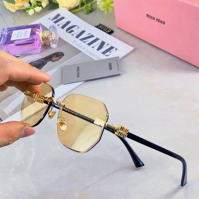 Miumi*太阳镜女无框切边墨镜女网红款防紫外线开车眼镜圆脸潮女时尚新款