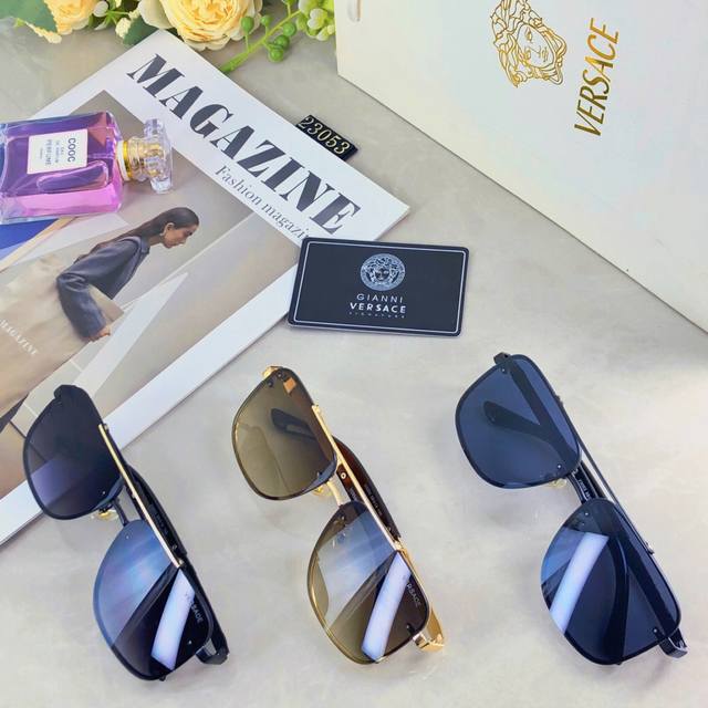 Versac*太阳镜男生钓鱼开车眼镜个性双梁金属墨镜时尚百搭修脸