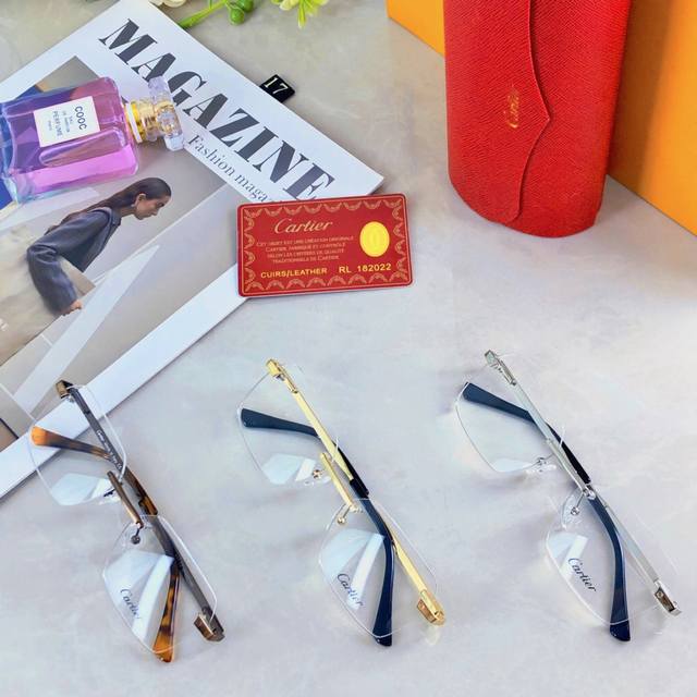 Cartie*超轻无框切边眼镜男可配近视眼镜框商务方框大脸轻奢