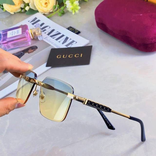 Gucc*欧美时尚无框太阳镜男女潮款渐变色太阳镜防紫外线遮阳墨镜