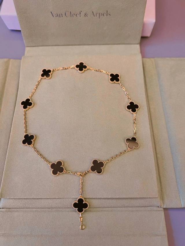 V金材质Vca梵克雅宝四叶草10花黑玛瑙项链