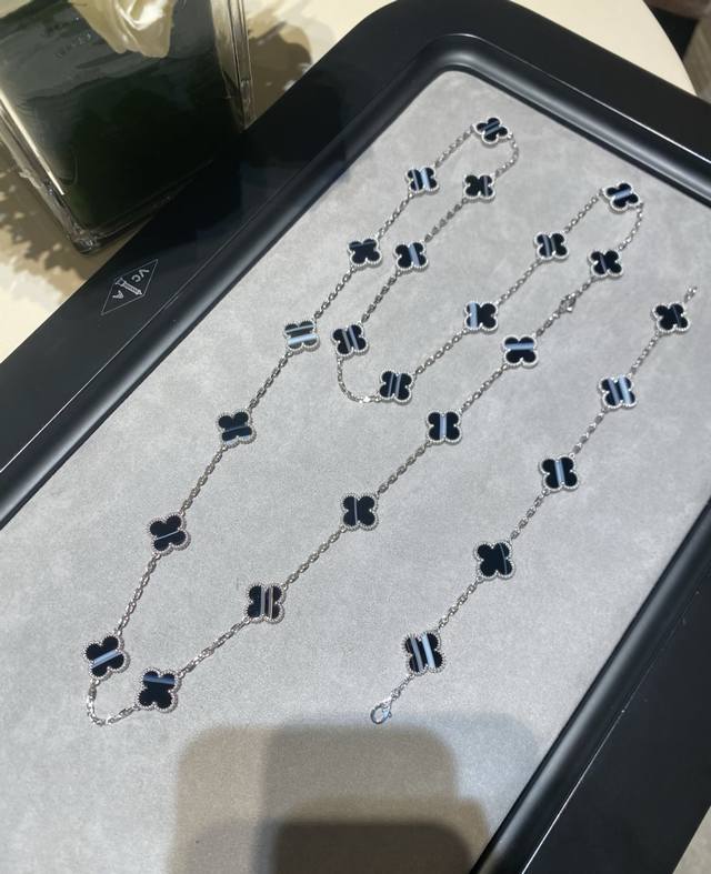V金材质梵克雅宝Vca脉纹缟玛瑙20花四叶草项链