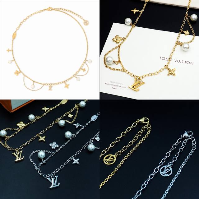 驴家新款Blooming pearls 项链 以柔美笔触重绎品牌经典元素。耀目链条排布Monogram 花卉、Lv字母及莹润树脂珠饰，大小不一的链环巧筑不对称设