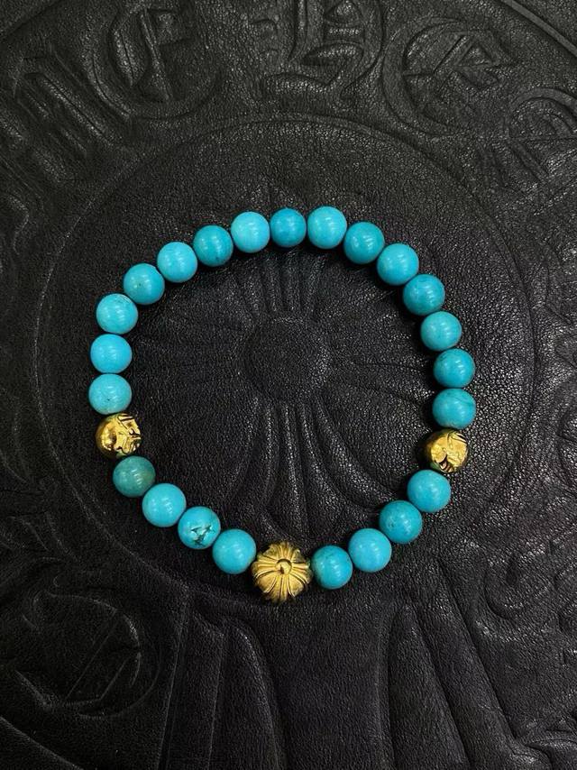 克罗心 绿松石*黄金色手串 纯银材质 天然水晶 复古做旧 实心十字元素