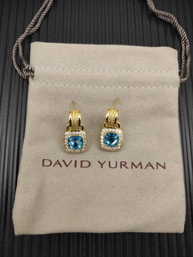 David Yurman 金色蓝钻四方钻纽线分件耳环