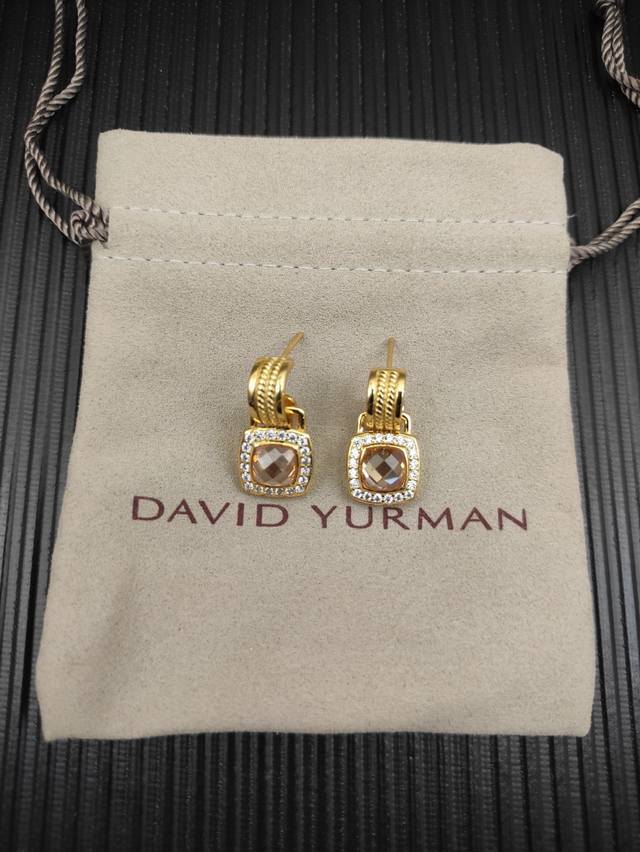 David Yurman 金色香槟钻四方钻纽线分件耳环