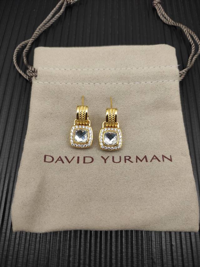 David Yurman 金色白钻四方钻纽线分件耳环