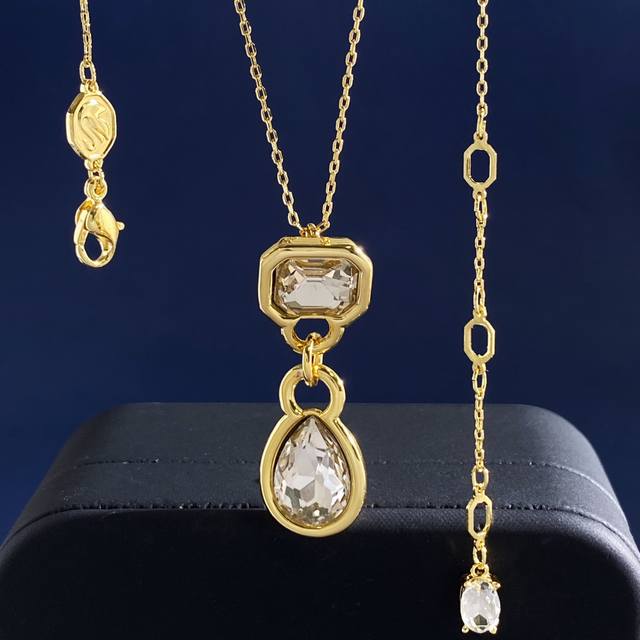 施华洛世奇欧美时尚几何八边形方钻吊水滴钻项链 黄铜材料 项链重约12.88G 项链约长40Cm+3Cm+3Cm+1Cm尾牌