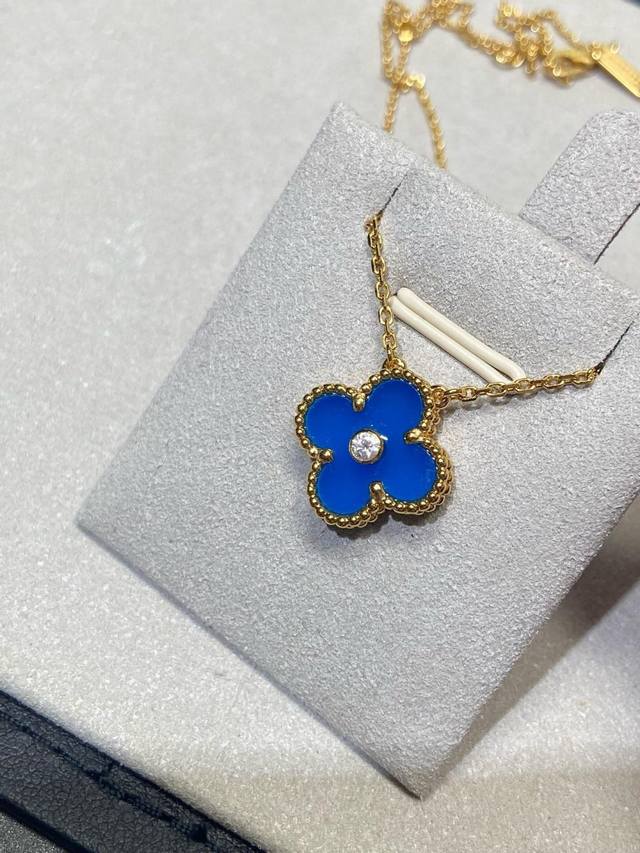 V金材质梵克雅宝Vca单钻蓝玛瑙四叶草项链 DDD