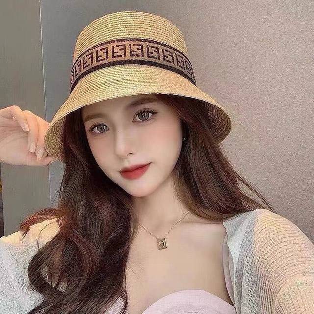 芬迪fendl 帽子女夏季麦秆平顶草帽韩版休闲显脸小遮阳渔夫帽沙滩度假太阳帽