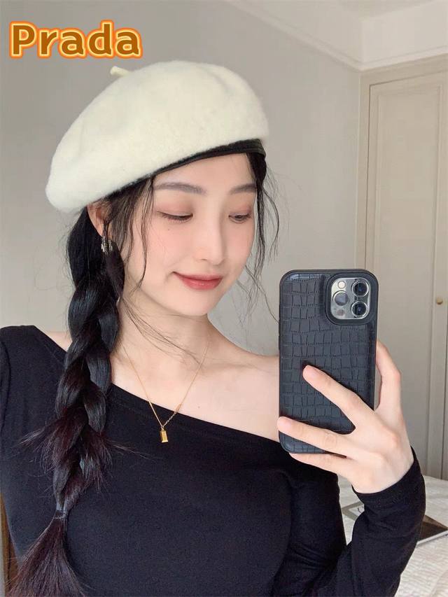普拉达prada2024新款贝雷帽子女复古百搭显脸小画家帽韩版潮羊毛皮包边蓓蕾帽
