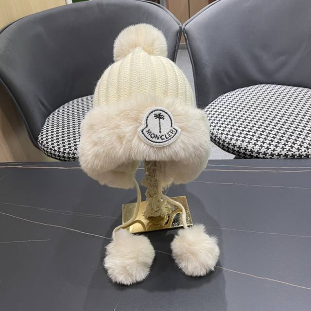 蒙口moncler2024秋冬款毛球耳朵毛绒帽女户外加绒保暖套头帽针织护耳东北雷锋帽