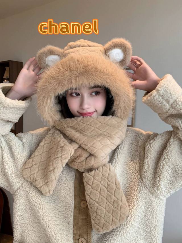 Chanel香奈儿小熊帽子秋冬女围巾手套一体连帽冬季围脖可爱保暖毛绒冬天三件套