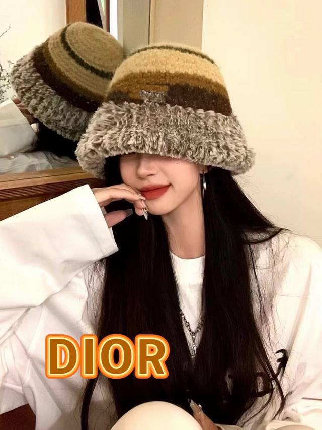 Dior迪奥多巴胺毛线水桶帽女秋冬季保暖显脸小针织盆帽时尚毛绒渔夫帽子潮