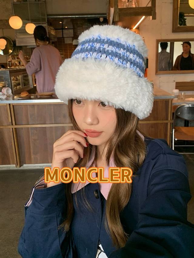 Moncler蒙口新款手工粗毛线针织盆帽韩版可爱保暖网红毛绒渔夫帽水桶帽子女