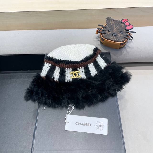 Chanel 兔毛边帽子女新款毛绒绒线帽秋冬保暖韩版百搭可爱休闲渔夫帽盆帽