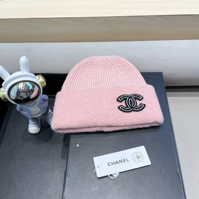 Chanel冬季帽子女毛绒边纯色保暖套头帽大头围显脸小防寒护耳针织毛线帽