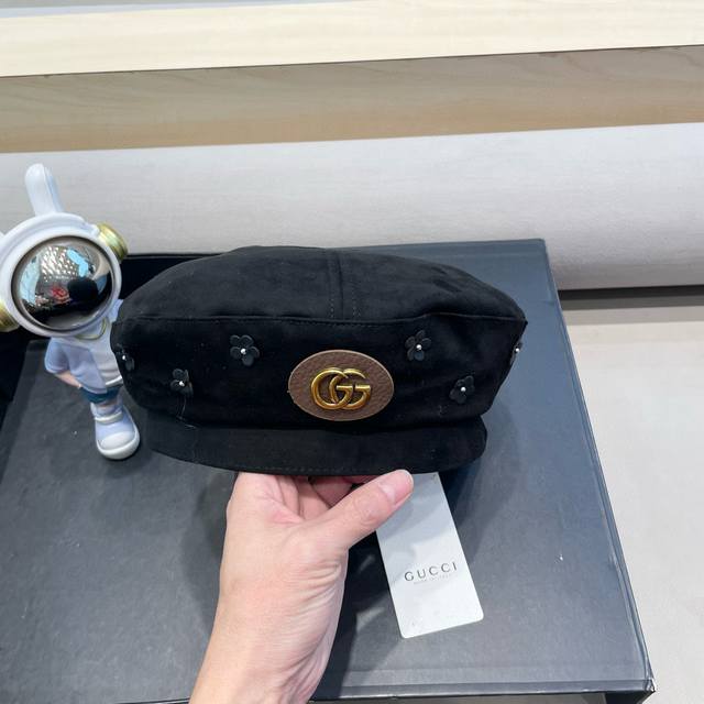 Gucci毛呢贝雷帽女2024秋冬季韩系Ins风时尚百搭英伦平顶复古花朵帽子