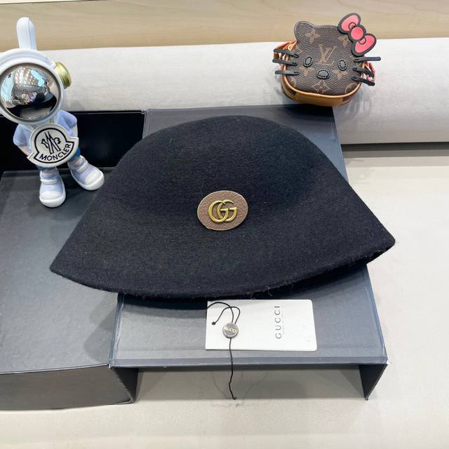 Gucci日系简约羊毛呢礼帽女秋冬百搭盆帽针织水桶帽气质渔夫帽子保暖帽