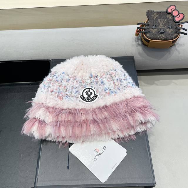 Moncler蒙口复古混色毛绒针织毛线帽女秋冬保暖百搭显脸小盆帽手工编织水桶帽