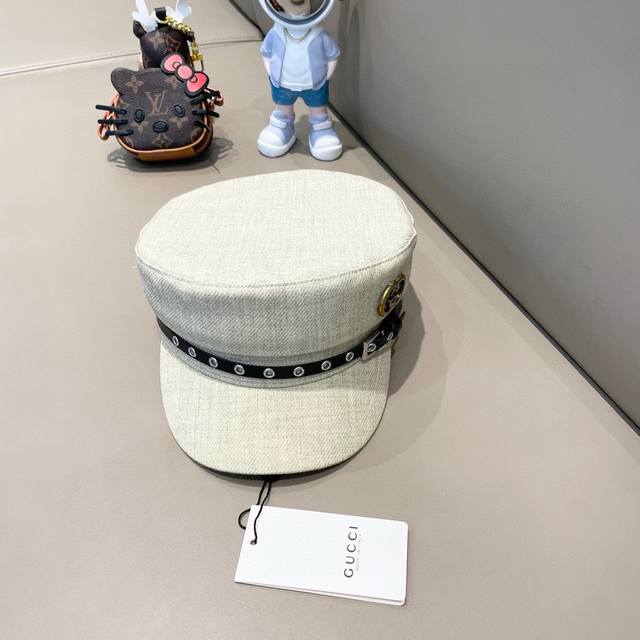 Gucci古奇英伦复古金属扣海军平顶帽女款春秋显脸小鸭舌帽百搭报童帽画家帽