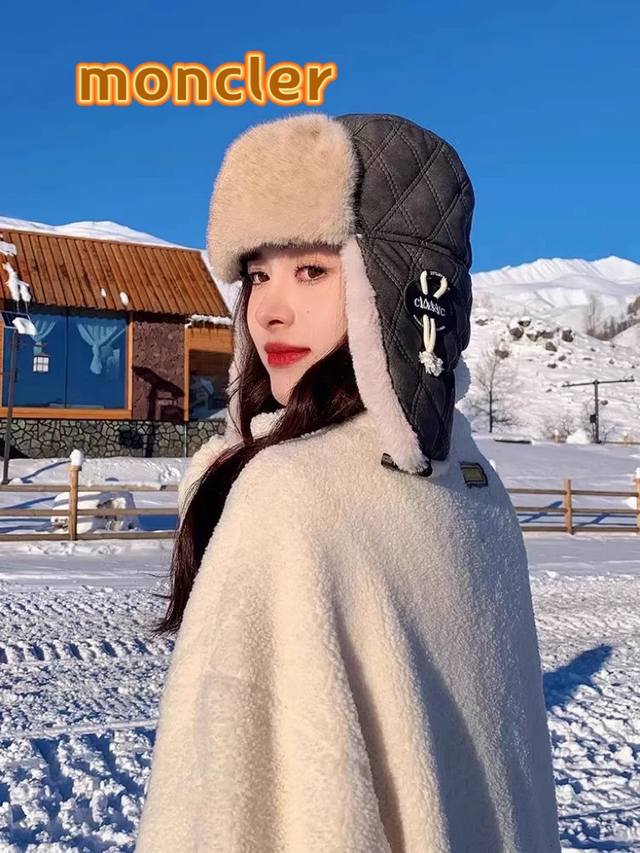 Moncler雷锋帽男女冬天户外骑车防风保暖皮质护耳帽东北加绒加厚防寒棉帽