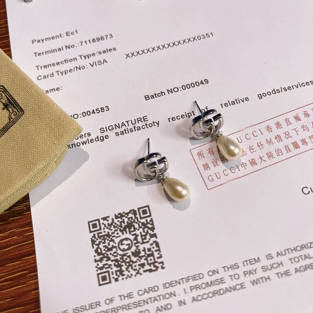 Gucci古驰Gg Marmont系列仿珍珠吊坠耳钉