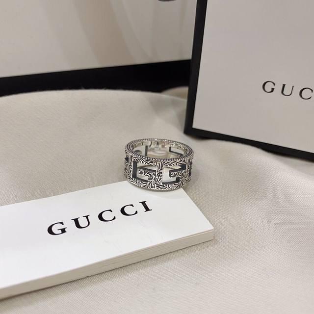 Gucci古驰925纯银方形G复古镂空宽版戒指尺寸：12#14#18#20#22#24#